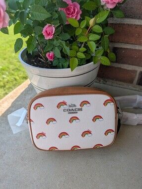 🥰NWT COACH CJ647 Mini Jamie Camera Crossbody Bag, Rainbow Print with Tan Trim